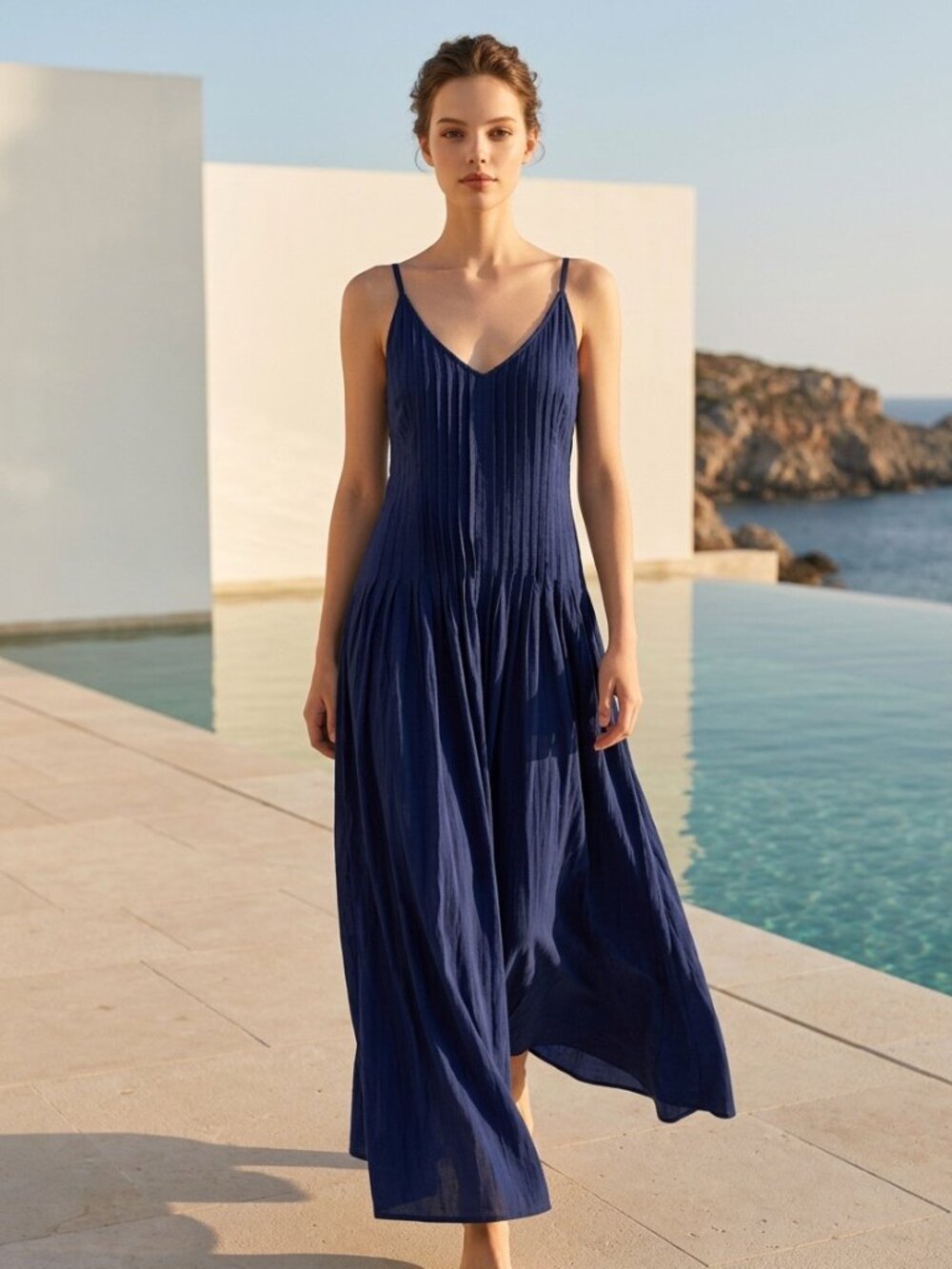 NWOT Moon River Navy Pleated Maxi Dress Size S